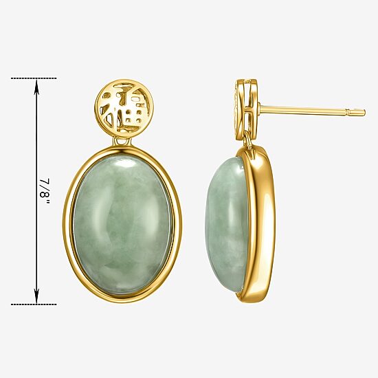 Good Fortune Womens Genuine Green Jade 18K Gold Over Silver Oval Drop Earrings