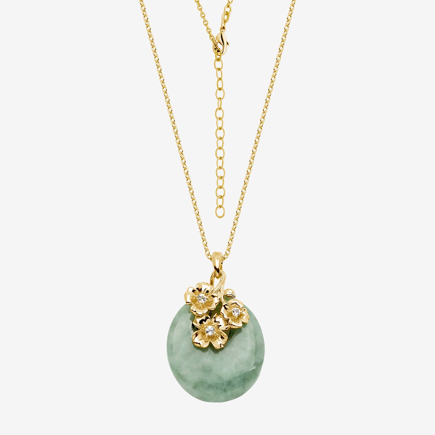 Womens Genuine Green Jade 18K Gold Over Silver Flower 18 Inch Pendant Necklace