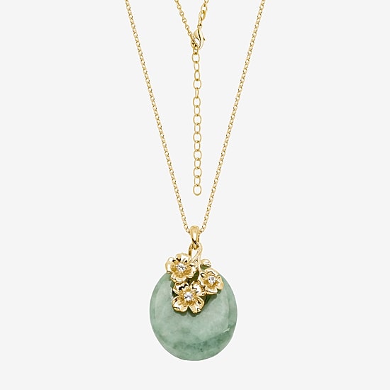 Womens Genuine Green Jade 18K Gold Over Silver Flower 18 Inch Pendant Necklace