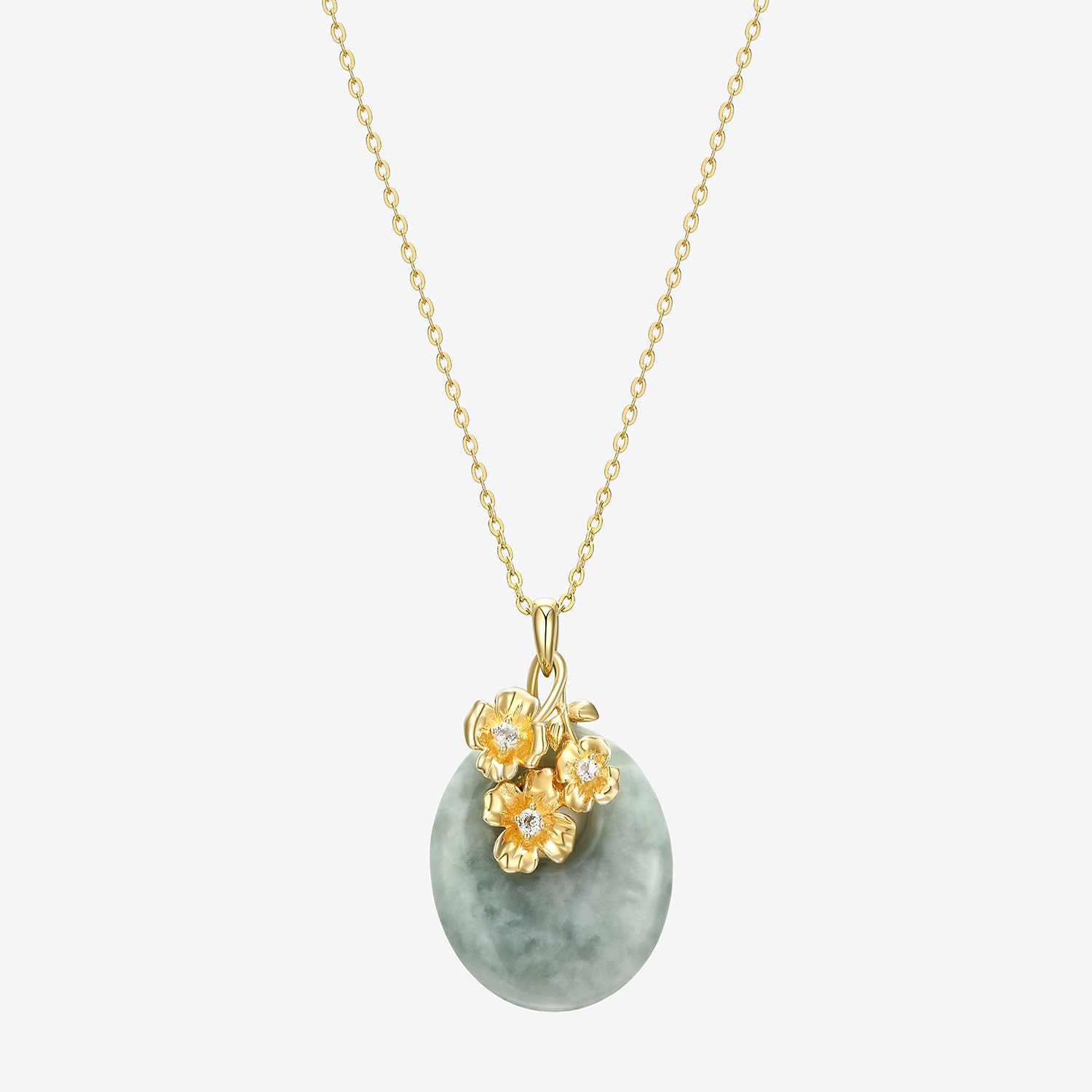 Womens Genuine Green Jade 18K Gold Over Silver Flower 18 Inch Pendant Necklace