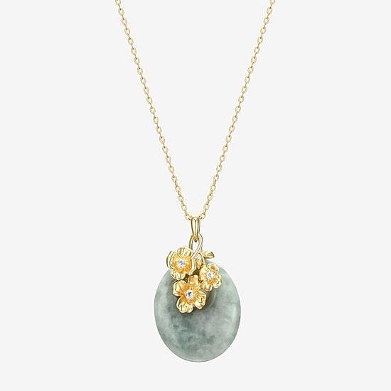 Womens Genuine Green Jade 18K Gold Over Silver Flower 18 Inch Pendant Necklace