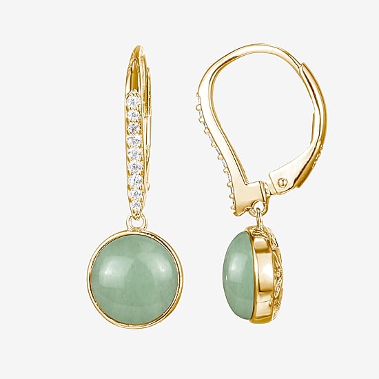 Womens Genuine Green Jade 18K Gold Over Silver Round Drop Earrings