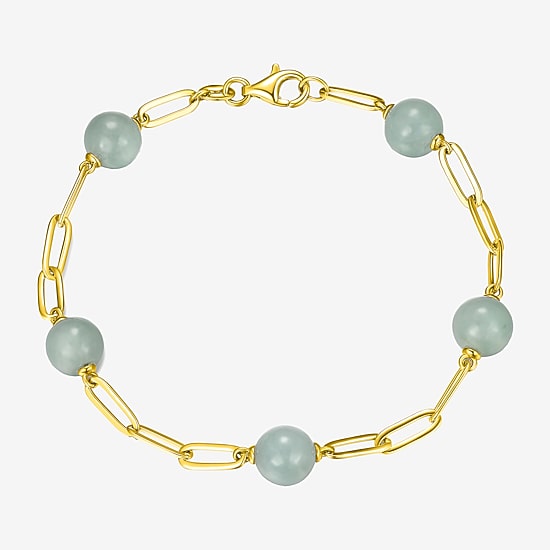 Womens Genuine Green Jade 18K Gold Over Silver Strand Bracelet