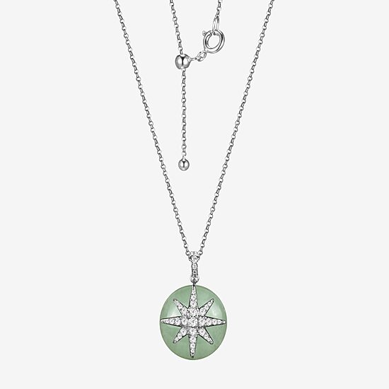 Good Fortune Womens Genuine Green Jade Sterling Silver Star 18 Inch Pendant Necklace