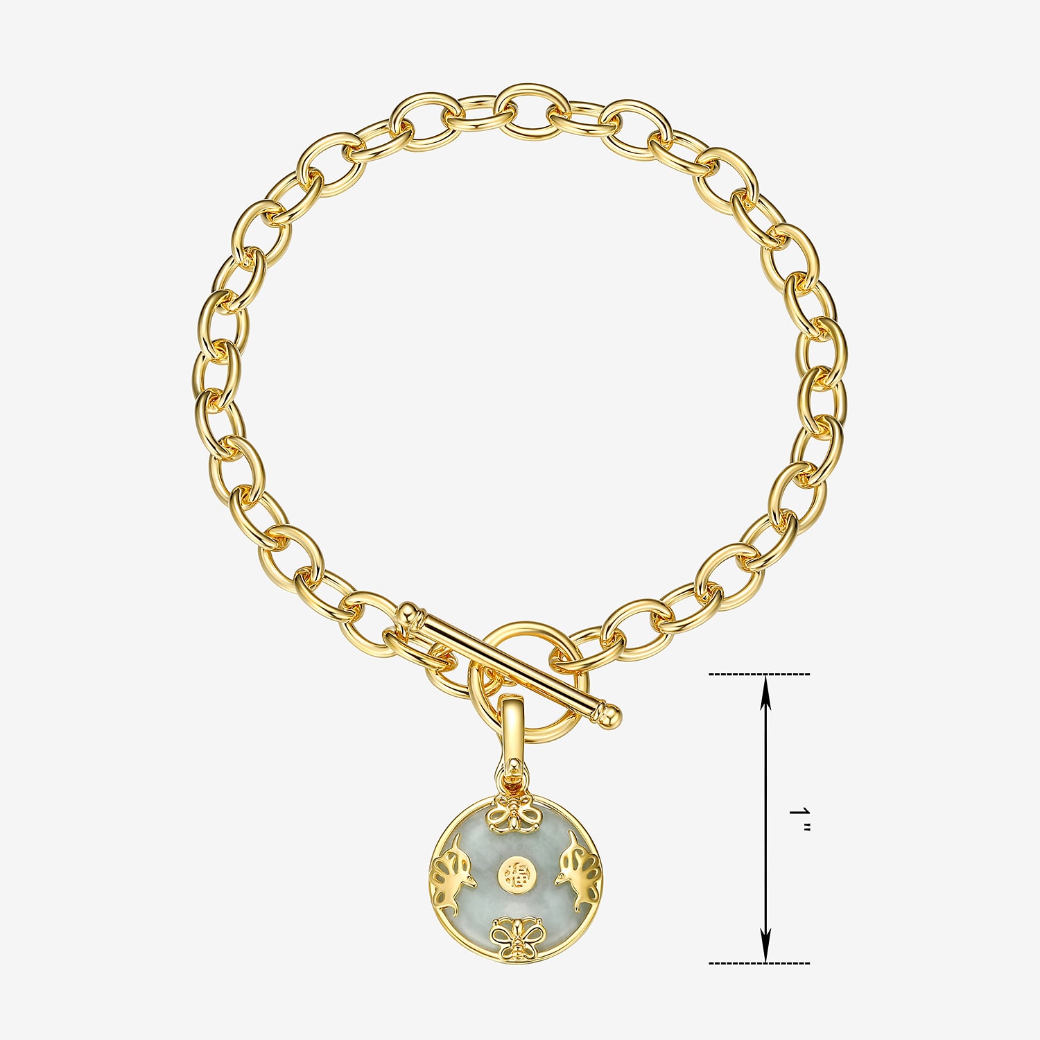 Good Fortune Womens Genuine Green Jade 18K Gold Over Silver Round Charm Bracelet