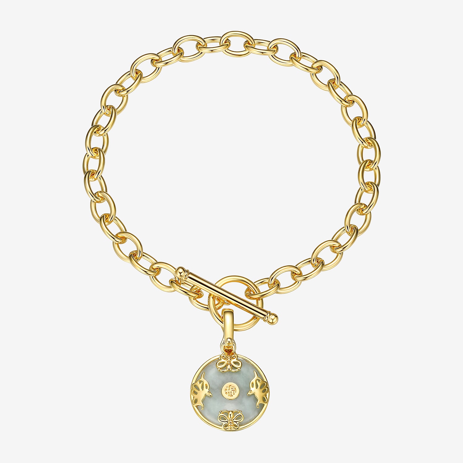 Good Fortune Womens Genuine Green Jade 18K Gold Over Silver Round Charm Bracelet