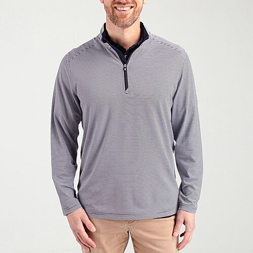 Cutter Buck Virtue Eco Pique Micro Stripe Recycled Mens Quarter Zip Jacket - Navy blue/white
