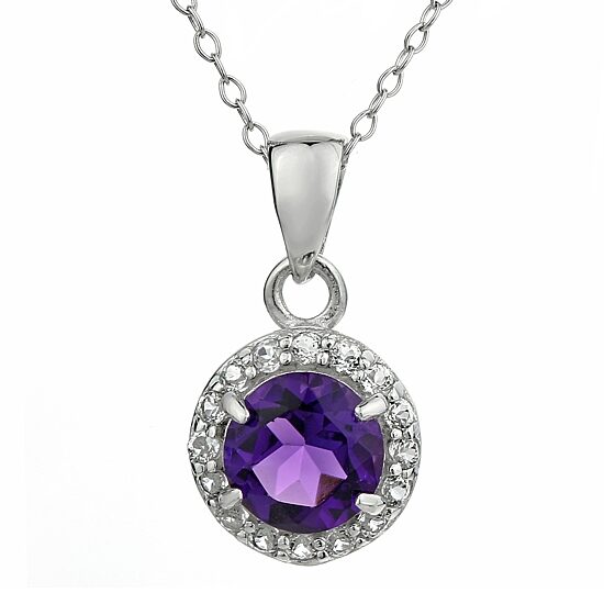 Faceted Genuine Amethyst & White Topaz Sterling Silver Pendant Necklace