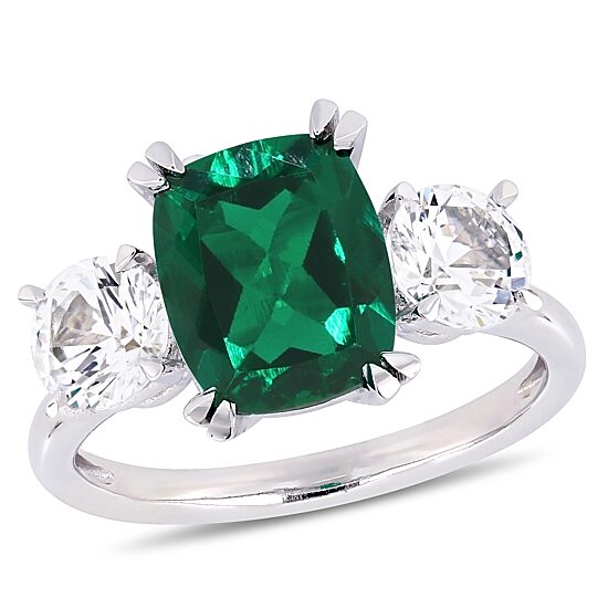 Womens Lab Created Green Emerald 10K Gold 3-Stone Cocktail Ring