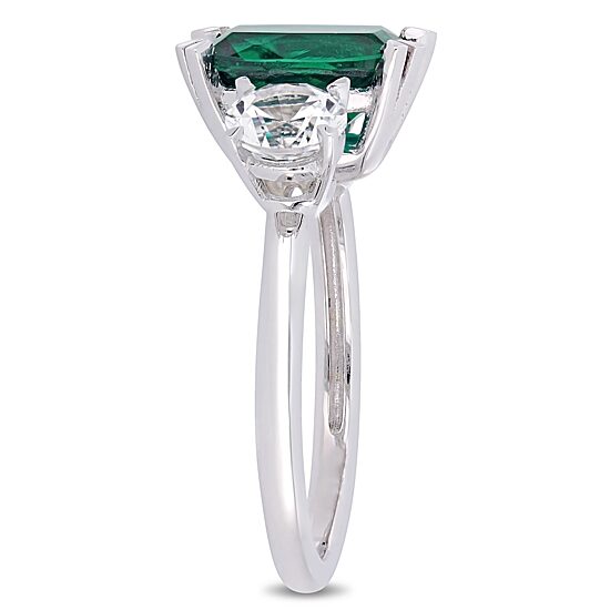 Womens Lab Created Green Emerald 10K Gold 3-Stone Cocktail Ring
