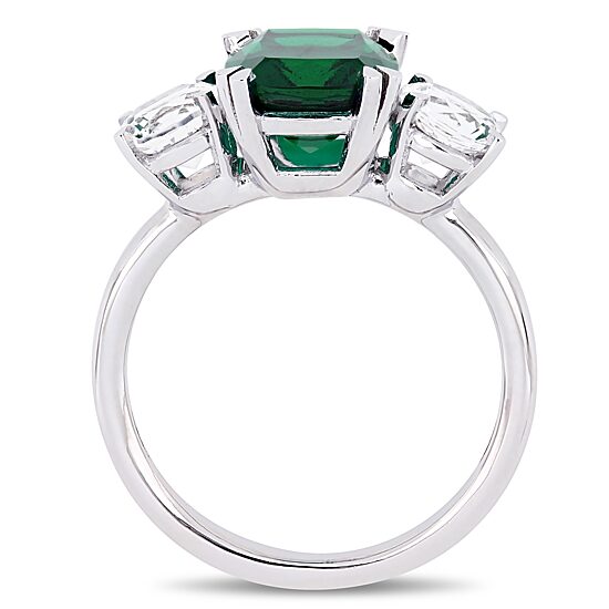 Womens Lab Created Green Emerald 10K Gold 3-Stone Cocktail Ring