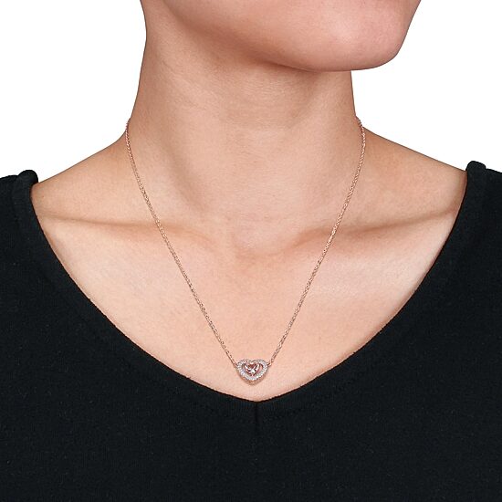 Womens Simulated Pink Morganite 18K Rose Gold Over Silver Heart 18 Inch Pendant Necklace