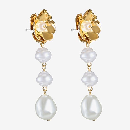Bijoux Bar Gold Tone Womens Simulated Pearl Flower Hypoallergenic Drop Earrings