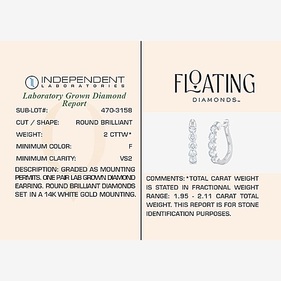 Floating Diamonds (F / Vs2) Womens 2 CT. T.W. Lab Grown White Diamond 14K Gold 19.8mm Hoop Earrings