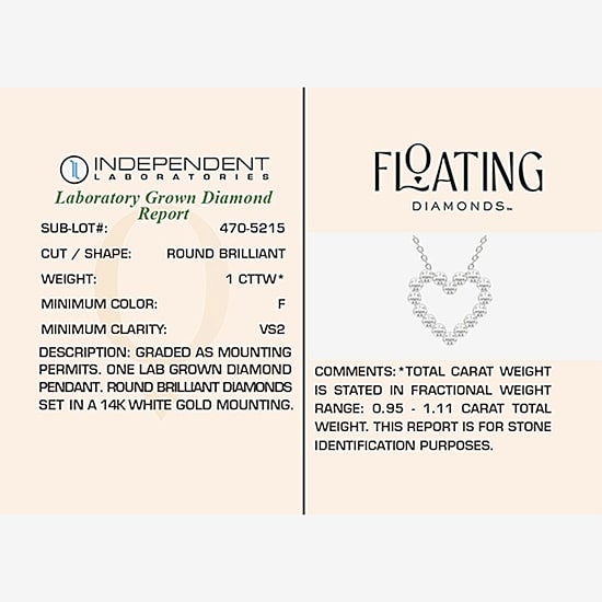Floating Diamonds (F / Vs2) Womens 1 CT. T.W. Lab Grown White Diamond 14K Gold Heart 18 Inch Pendant Necklace