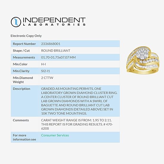Diamond Blossom (H-I / I1) Womens 2 CT. T.W. Lab Grown White Diamond 10K Gold Side Stone Cocktail Ring