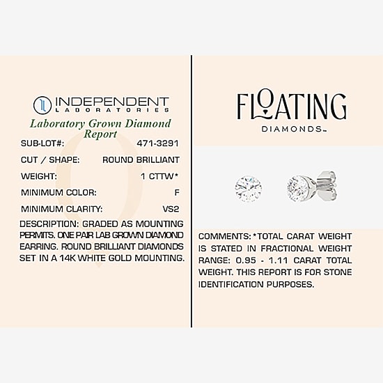 Floating Diamonds (F / Vs2) 1 CT. T.W. Lab Grown White Diamond 14K Gold 5.4mm Round Stud Earrings