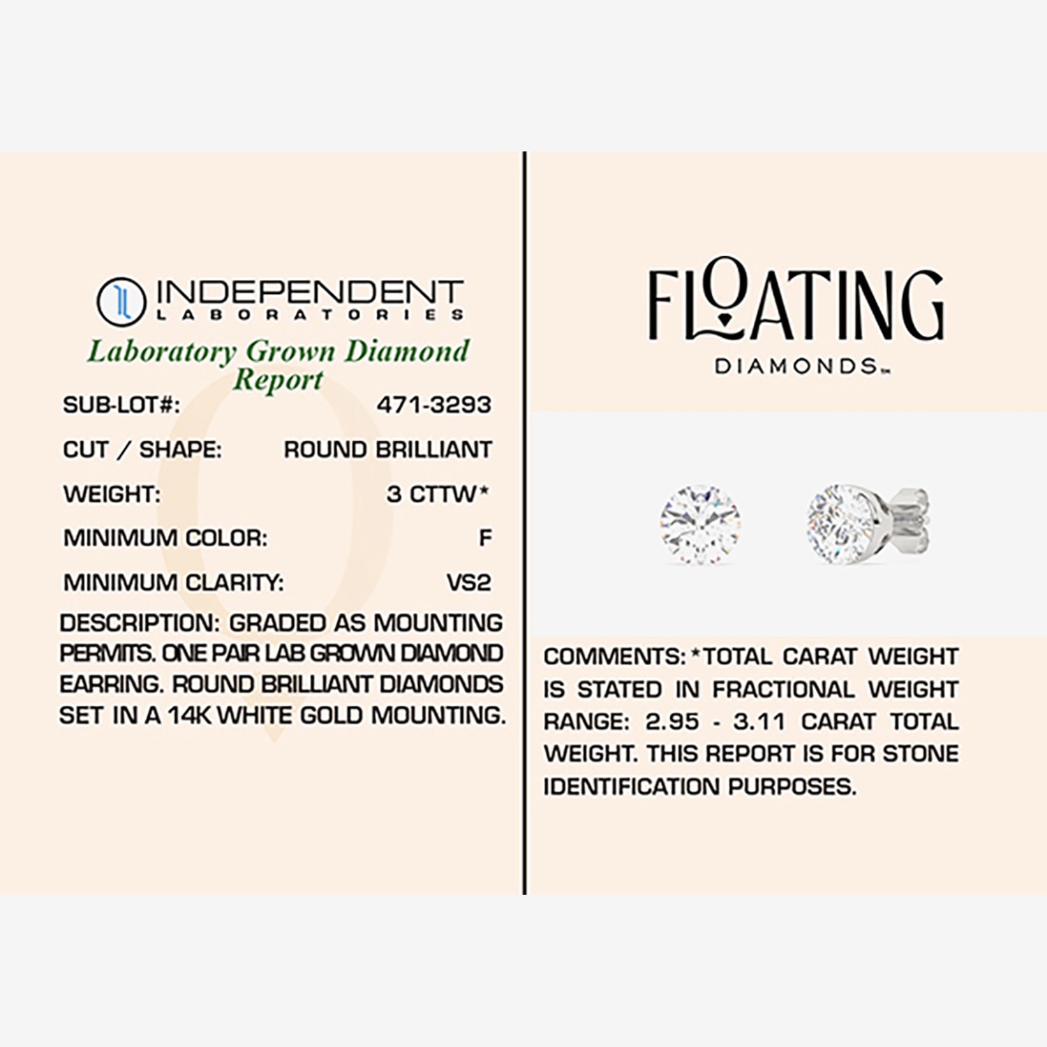 Floating Diamonds (F / Vs2) 3 CT. T.W. Lab Grown White Diamond 14K Gold 7.9mm Round Stud Earrings
