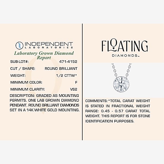 Floating Diamonds (F / Vs2) Womens 1/2 CT. T.W. Lab Grown White Diamond 14K Gold Round 18 Inch Pendant Necklace