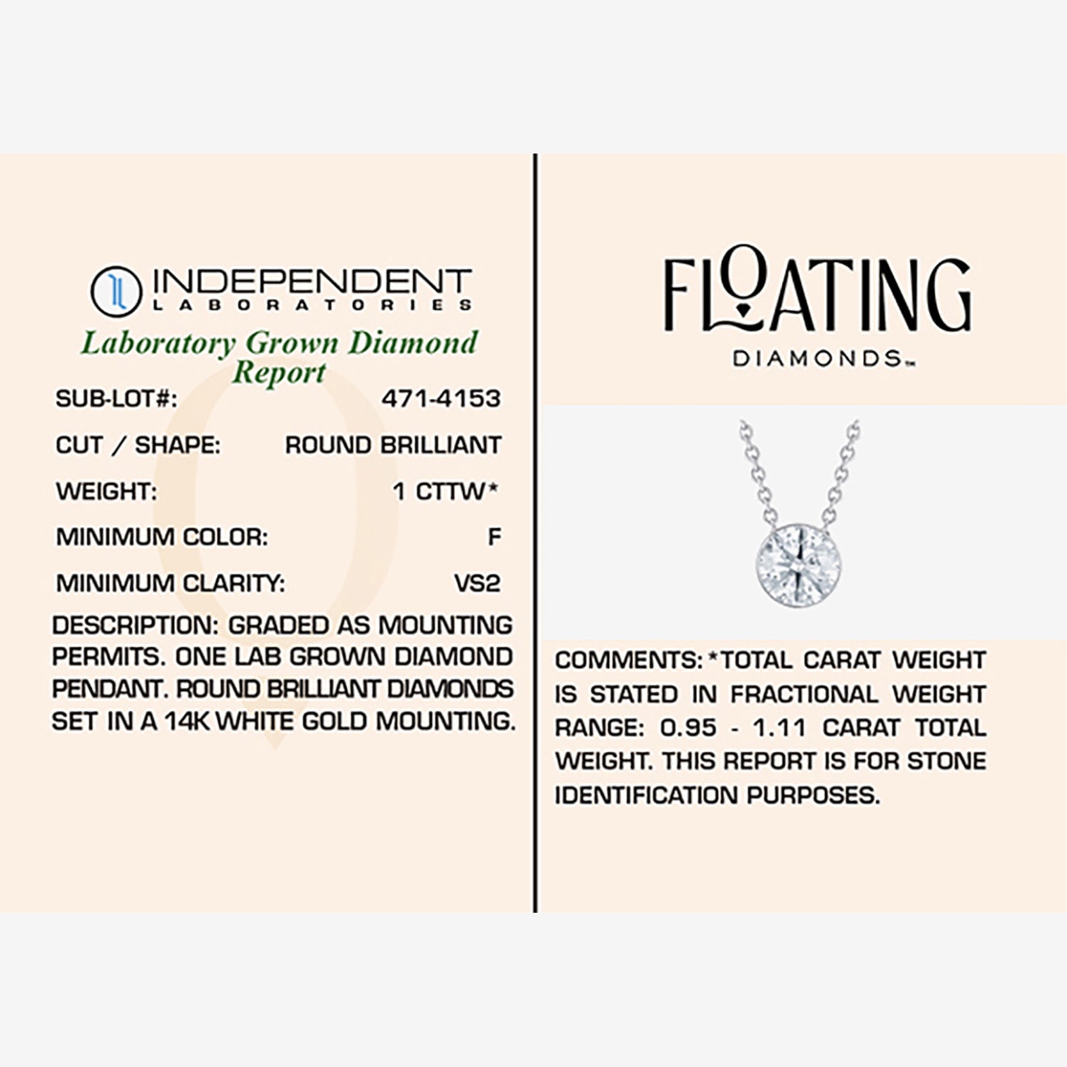 Floating Diamonds (F / Vs2) Womens 1 CT. T.W. Lab Grown White Diamond 14K Gold Round 18 Inch Pendant Necklace