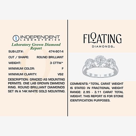 Floating Diamonds (F / Vs2) Womens 3 CT. T.W. Lab Grown White Diamond 14K Gold 3-Stone Engagement Ring