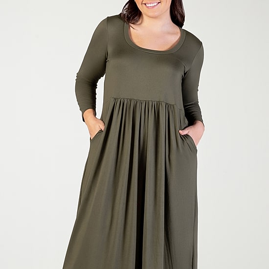 24seven Comfort Apparel Womens Plus Scoop Neck Long Sleeve Maxi Dress