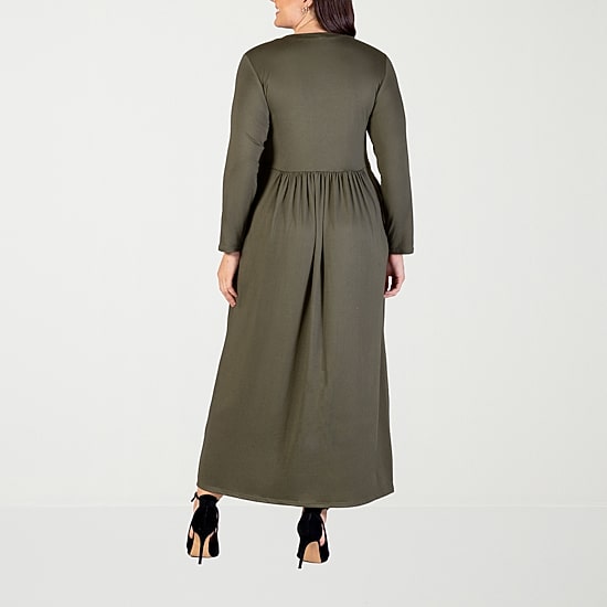 24seven Comfort Apparel Womens Plus Scoop Neck Long Sleeve Maxi Dress