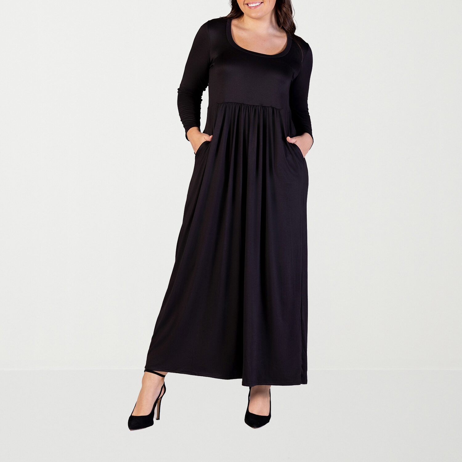 24seven Comfort Apparel Womens Plus Scoop Neck Long Sleeve Maxi Dress