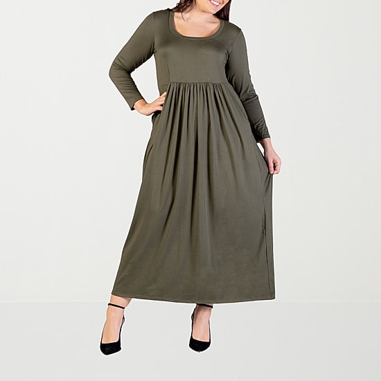 24seven Comfort Apparel Womens Plus Scoop Neck Long Sleeve Maxi Dress