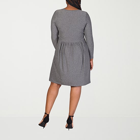 24seven Comfort Apparel Womens Plus Scoop Neck Long Sleeve A-Line Dress