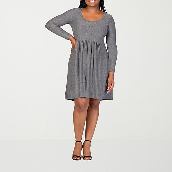 24seven Comfort Apparel Womens Plus Scoop Neck Long Sleeve A-Line Dress