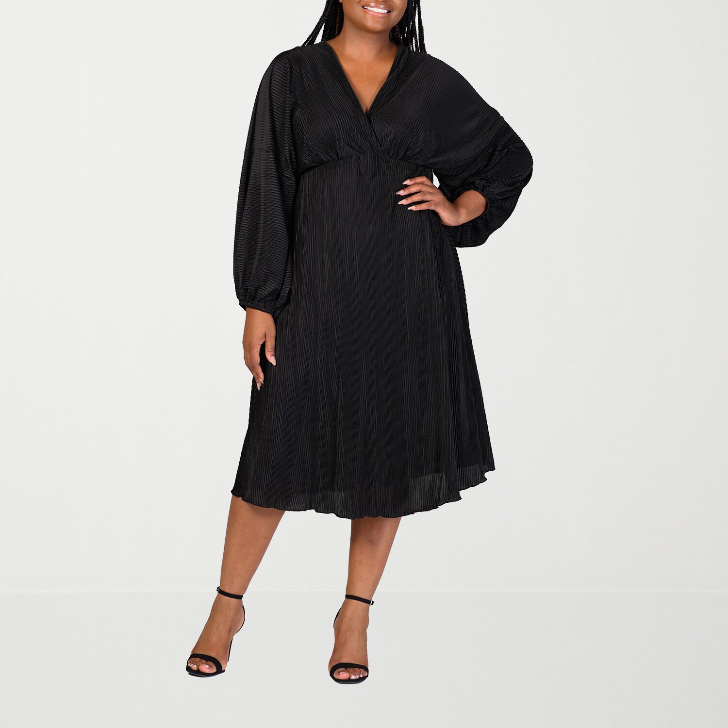24seven Comfort Apparel Womens Plus Midi V Neck Long Sleeve A-Line Dress