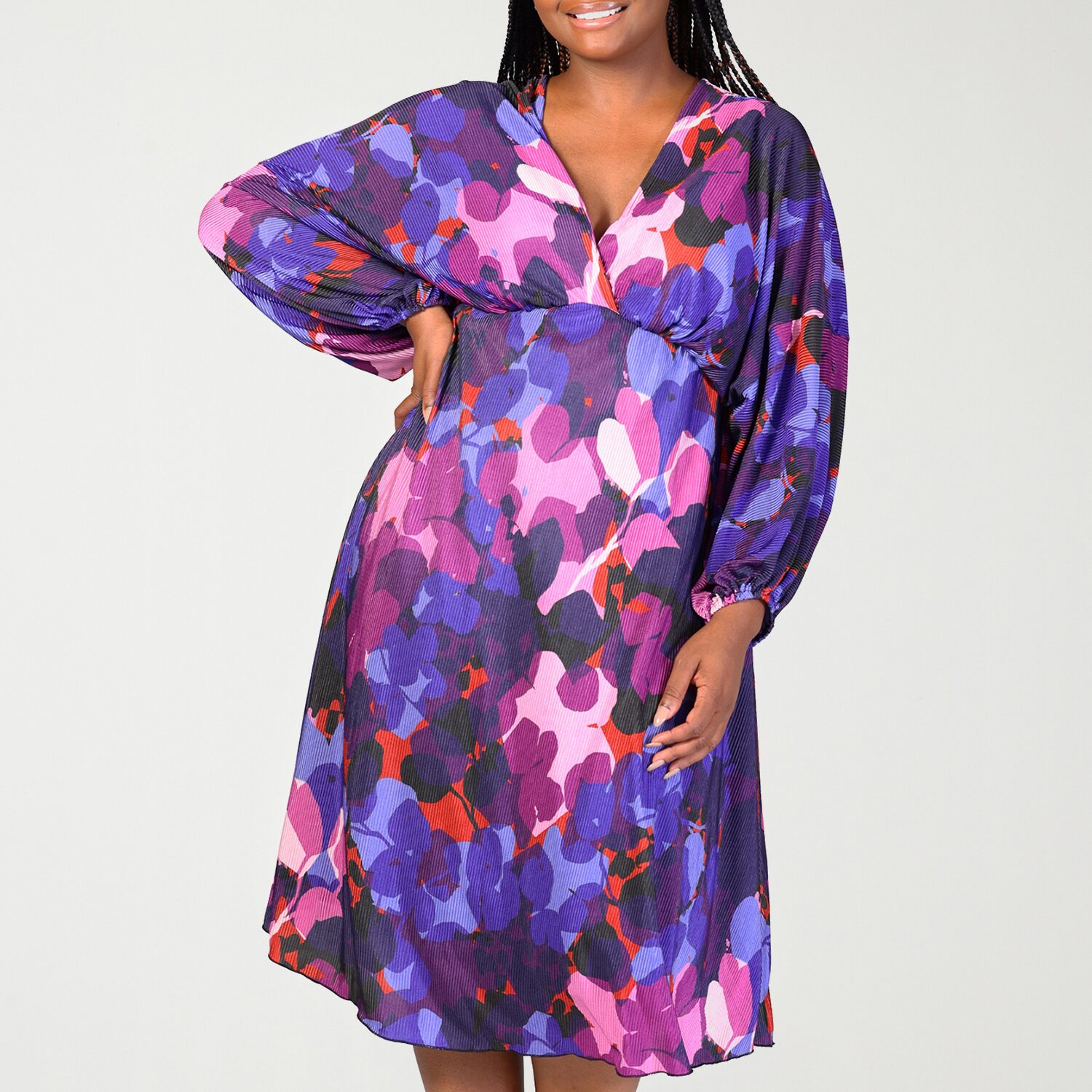 24seven Comfort Apparel Womens Plus Midi V Neck Long Sleeve A-Line Dress