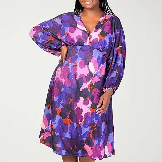 24seven Comfort Apparel Womens Plus Midi V Neck Long Sleeve A-Line Dress