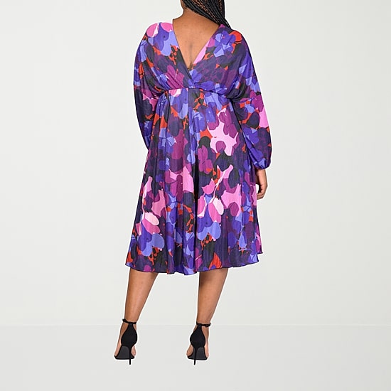 24seven Comfort Apparel Womens Plus Midi V Neck Long Sleeve A-Line Dress