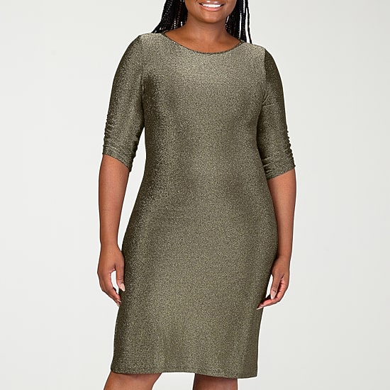 24seven Comfort Apparel Womens Plus Round Neck Elbow Sleeve A-Line Dress