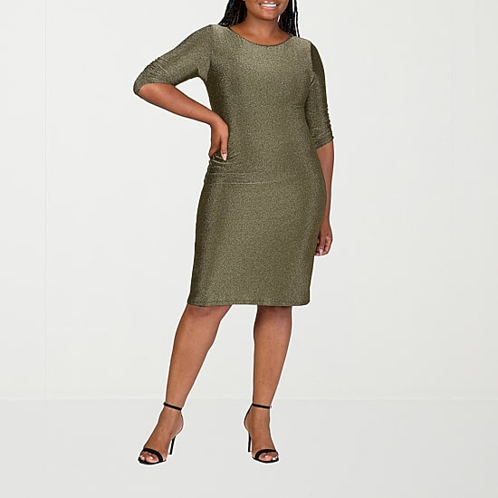 24seven Comfort Apparel Womens Plus Round Neck Elbow Sleeve A-Line Dress