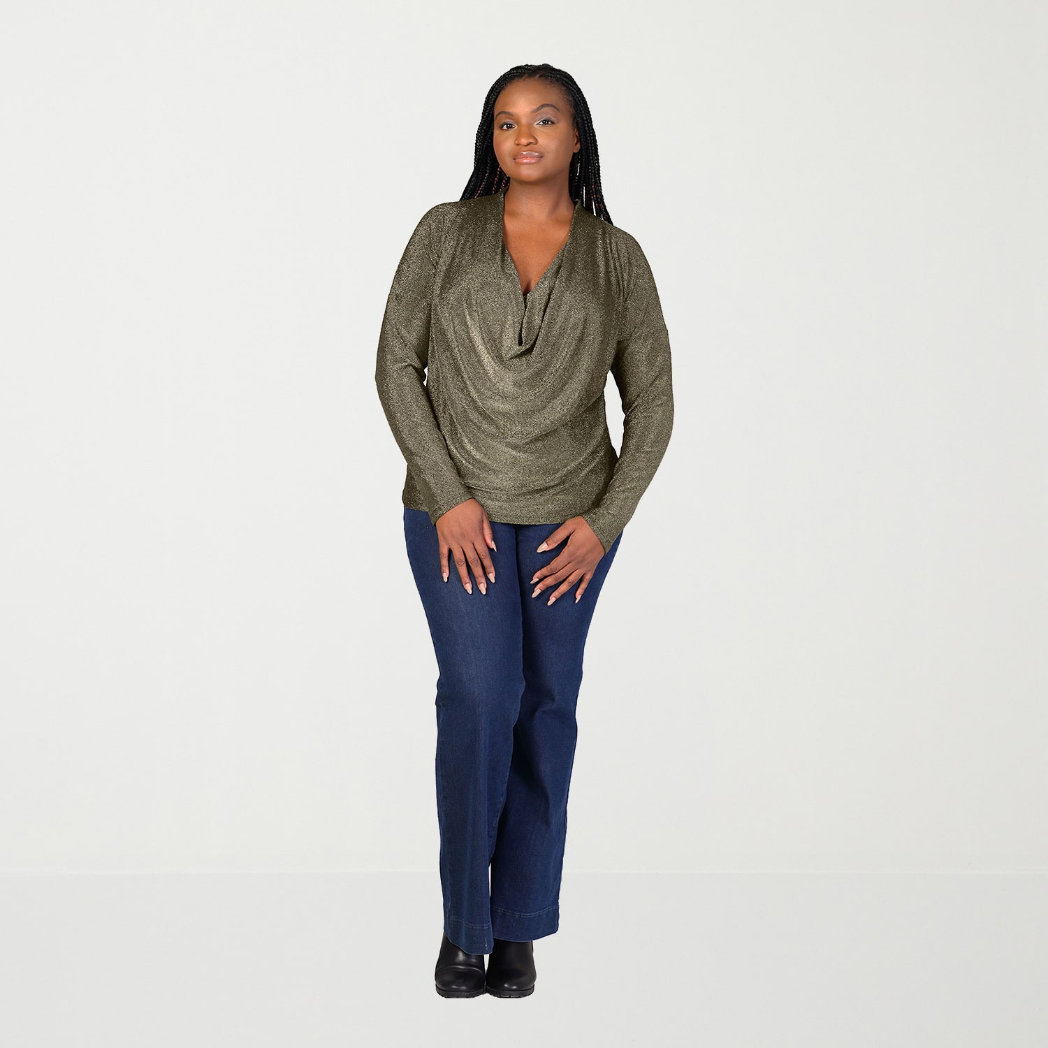 24seven Comfort Apparel Womens Plus Cowl Neck Long Sleeve Blouse