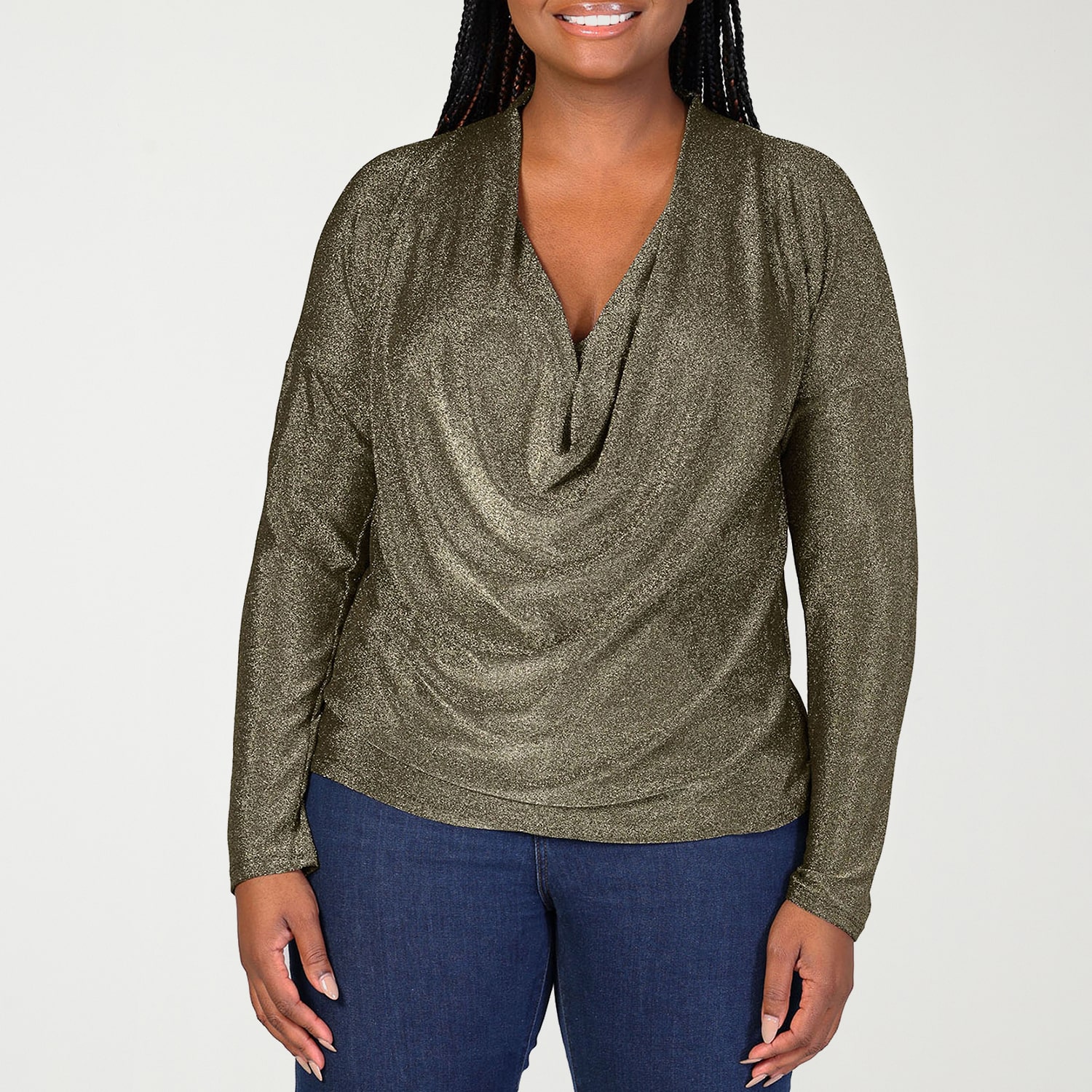 24seven Comfort Apparel Womens Plus Cowl Neck Long Sleeve Blouse