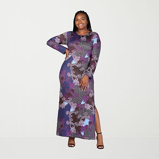 24seven Comfort Apparel Womens Plus Round Neck Long Sleeve Fitted Maxi Dress