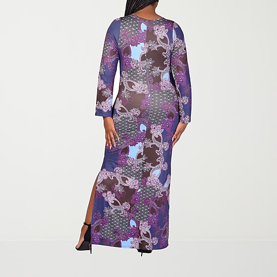 24seven Comfort Apparel Womens Plus Round Neck Long Sleeve Fitted Maxi Dress