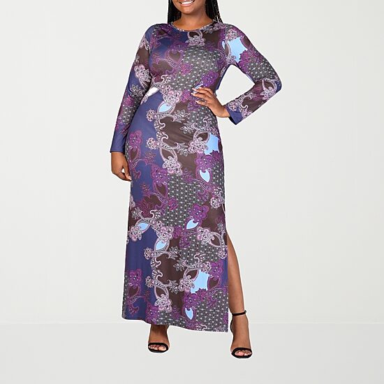 24seven Comfort Apparel Womens Plus Round Neck Long Sleeve Fitted Maxi Dress