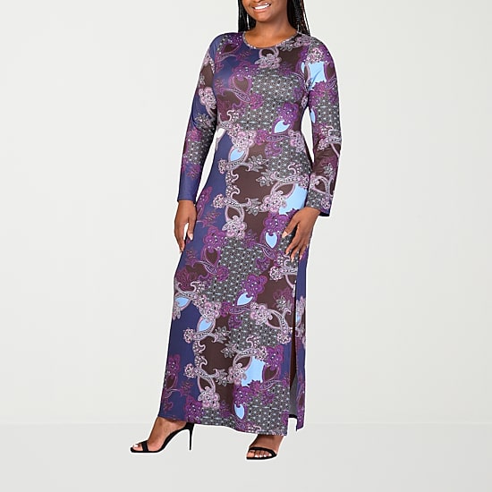 24seven Comfort Apparel Womens Plus Round Neck Long Sleeve Fitted Maxi Dress