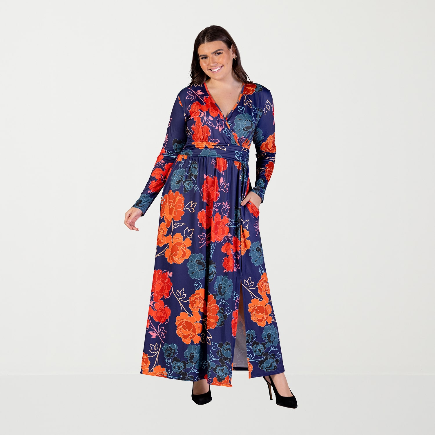 24seven Comfort Apparel Womens Plus V Neck Long Sleeve Maxi Dress