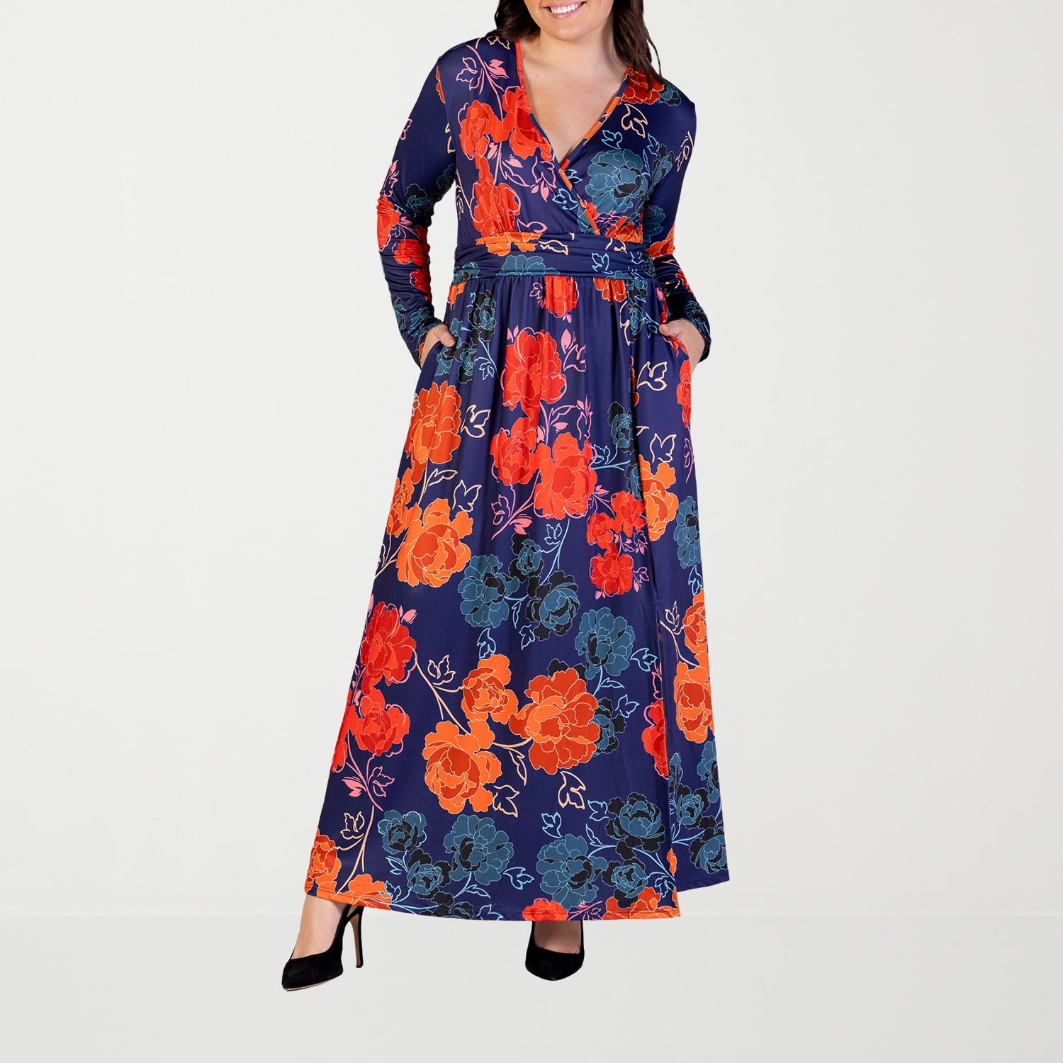 24seven Comfort Apparel Womens Plus V Neck Long Sleeve Maxi Dress