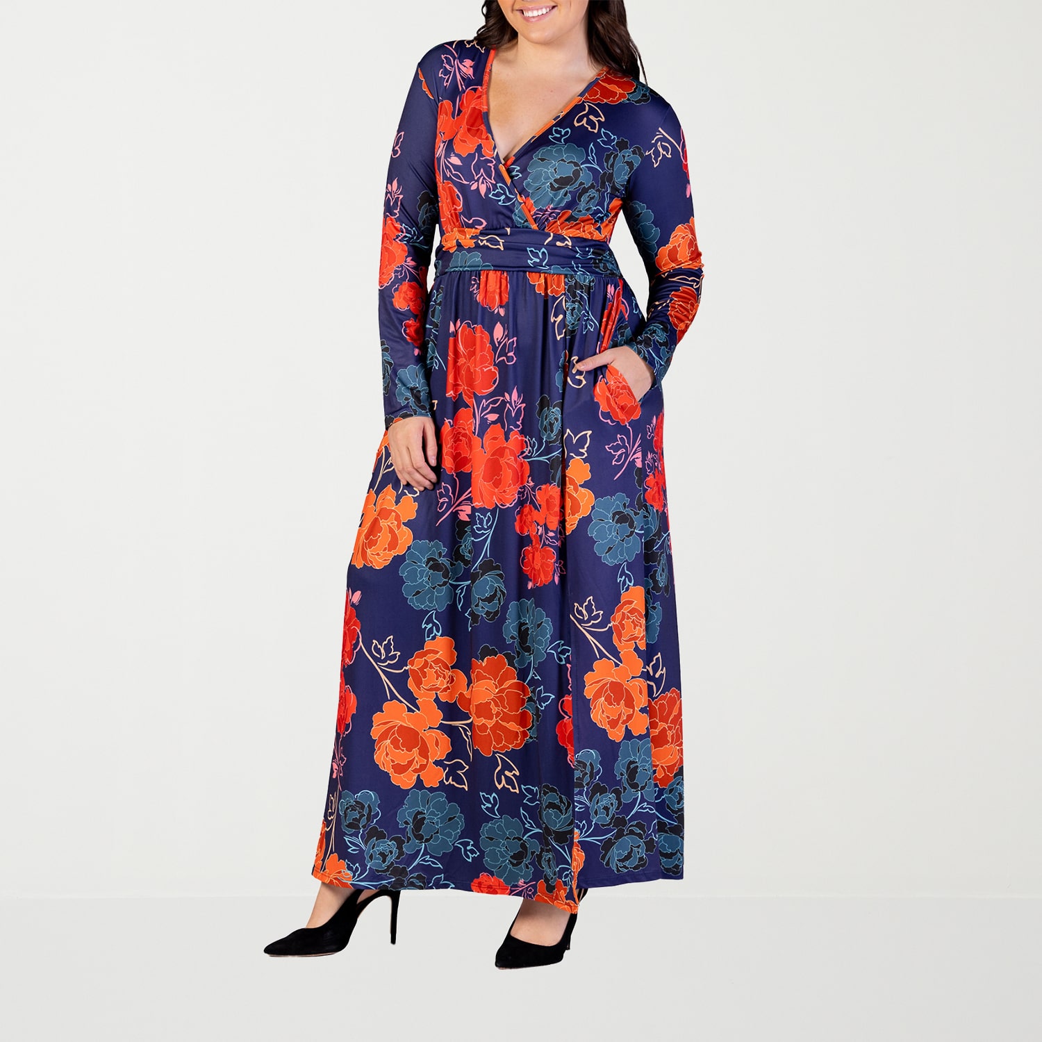 24seven Comfort Apparel Womens Plus V Neck Long Sleeve Maxi Dress