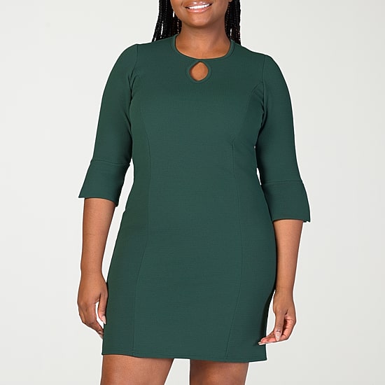 24seven Comfort Apparel Womens Plus Keyhole Neck Elbow Sleeve Shift Dress