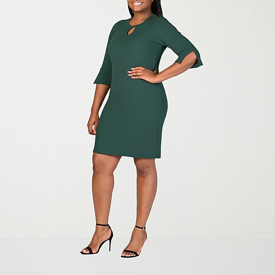 24seven Comfort Apparel Womens Plus Keyhole Neck Elbow Sleeve Shift Dress