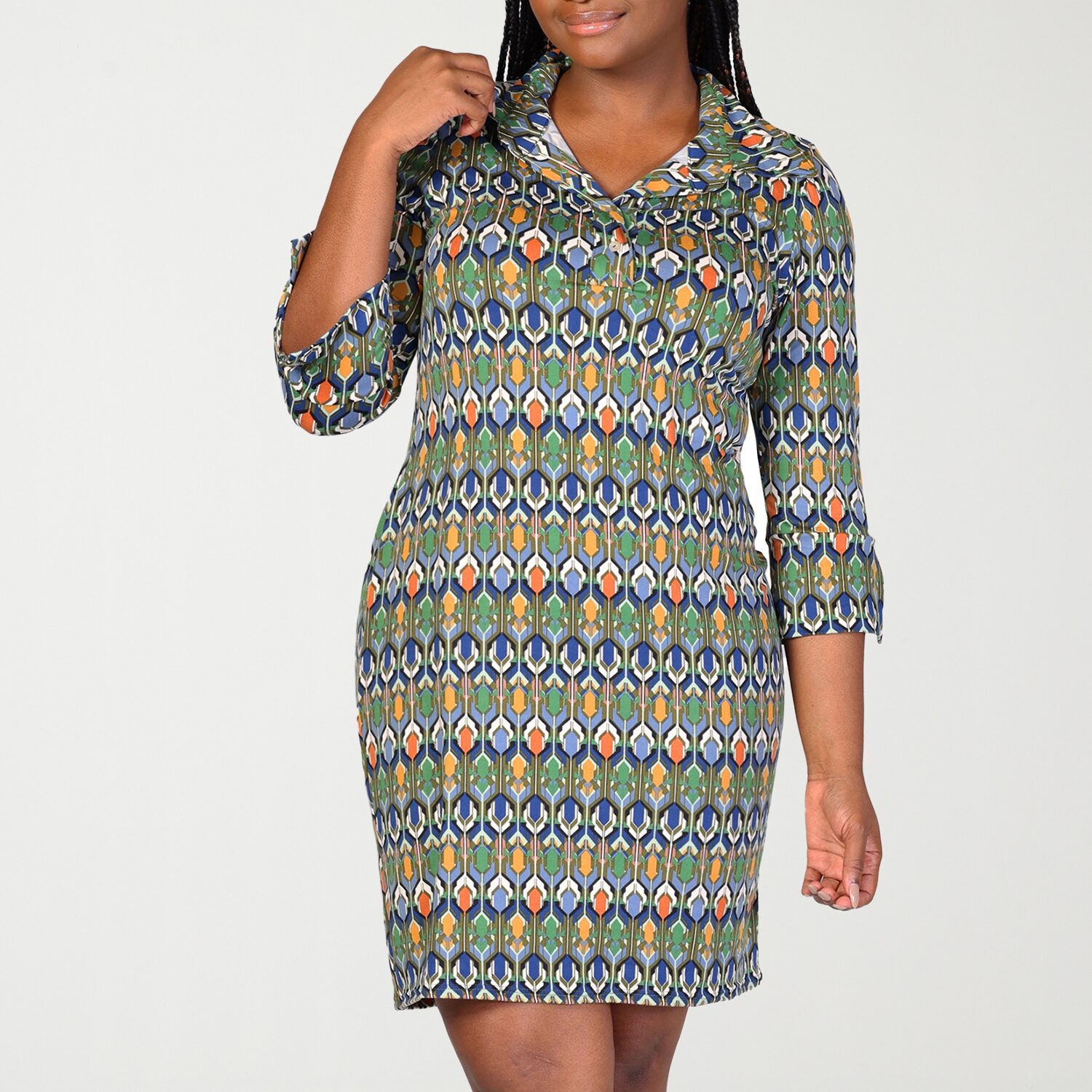 24seven Comfort Apparel Womens Plus 3/4 Sleeve Geometric Shift Dress