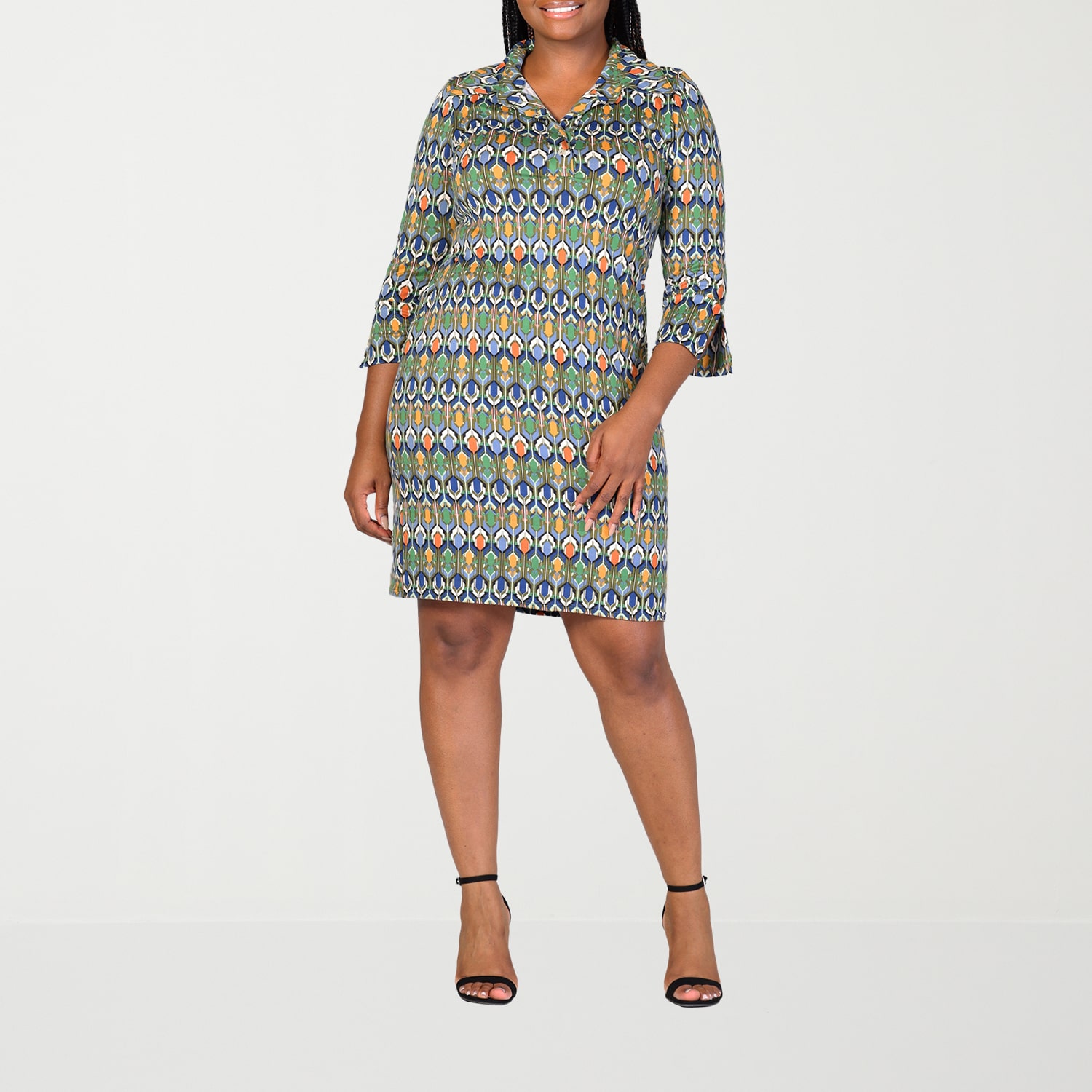 24seven Comfort Apparel Womens Plus 3/4 Sleeve Geometric Shift Dress